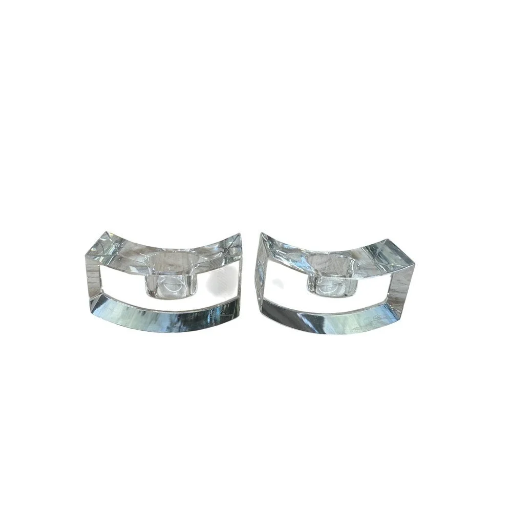Oleg Cassini Crystal Candle Holders Pair Signed Clear Glass Bridge Crescent MCM
